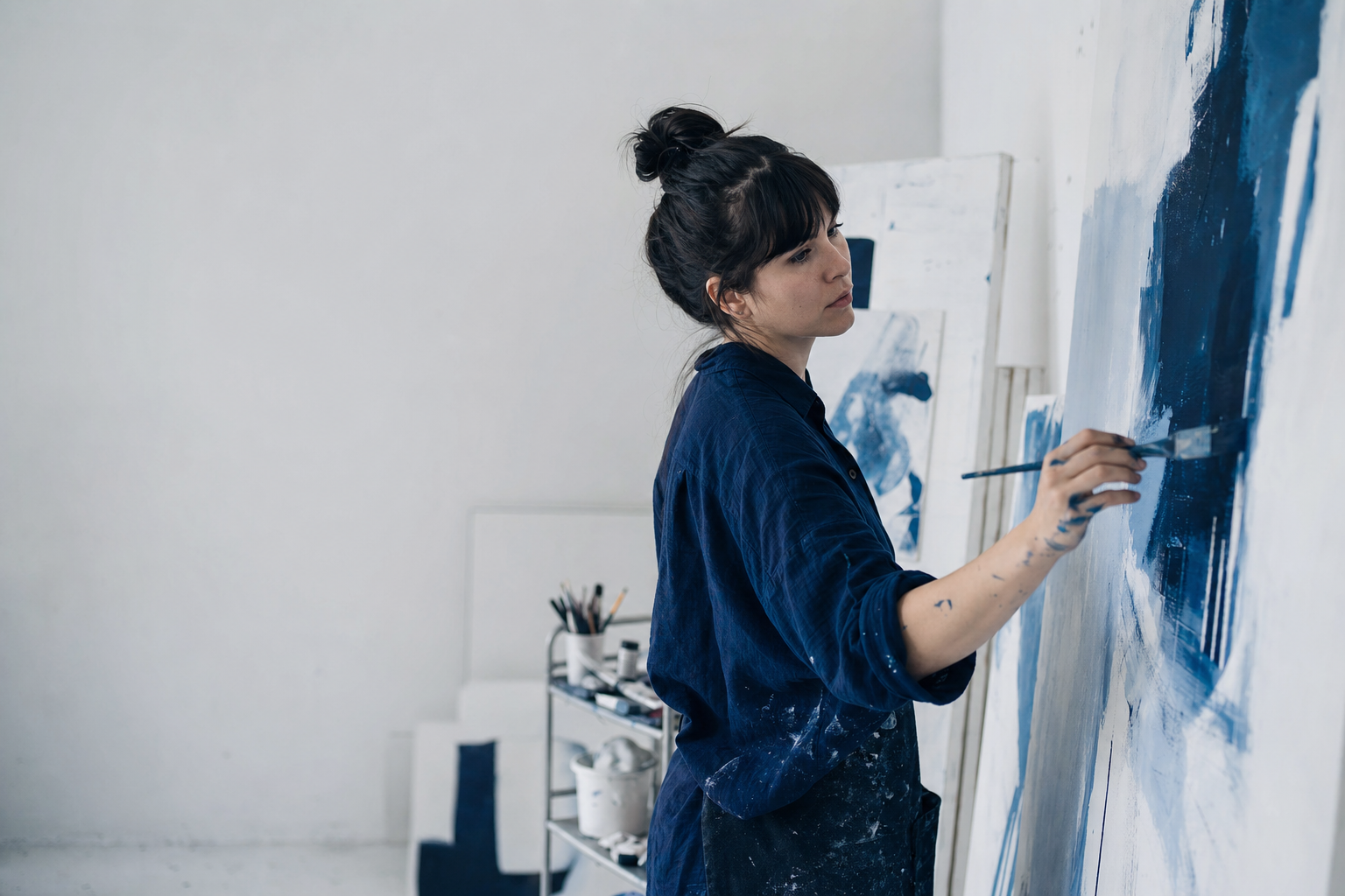 Artist concentrating while painting a large blue canvas